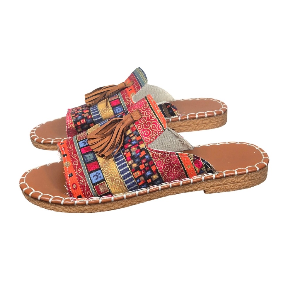 Bohemian Pattern Slides Sandals Size 40 EU Woven Tassel Flats Hippy‎ Western
